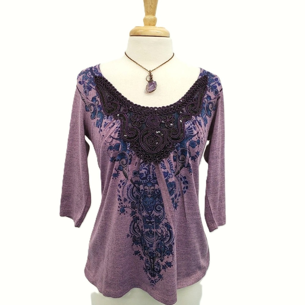 Live and Let‎ Live Womens S Purple Paisley Embellished 3/4 Sleeve Boho Top